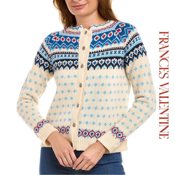 Frances Valentine Fairisle Cardigan Red & Blue Like New Sz. Lg - Picture 1 of 8